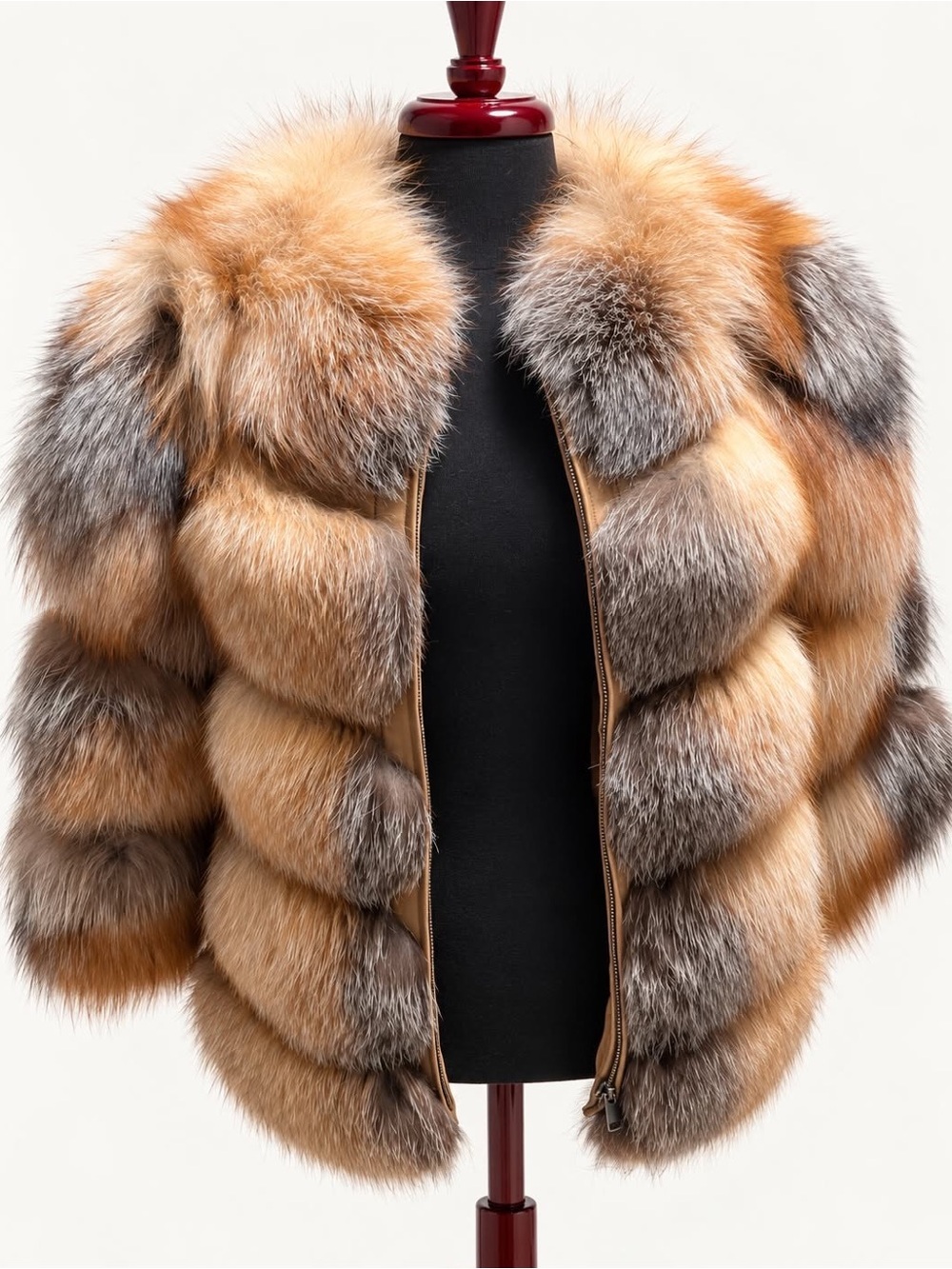 Vintage Multicolor Patchwork Genuine Fox Fur Jacket Women Brown Gray Zip Front